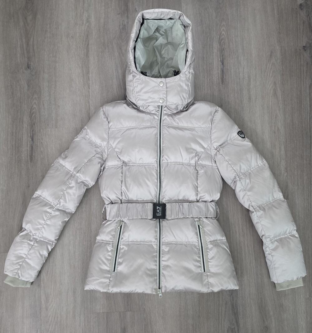 EA7 Emporio Armani Silver Down Puffer Jacket Belted Hooded